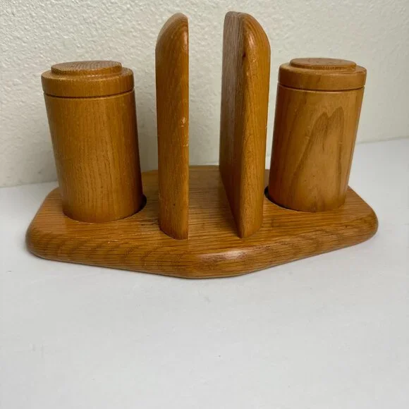 Vintage MCM Wooden Napkin Holder Salt & Pepper Shakers Farmhouse Cottege - Picture 6 of 15